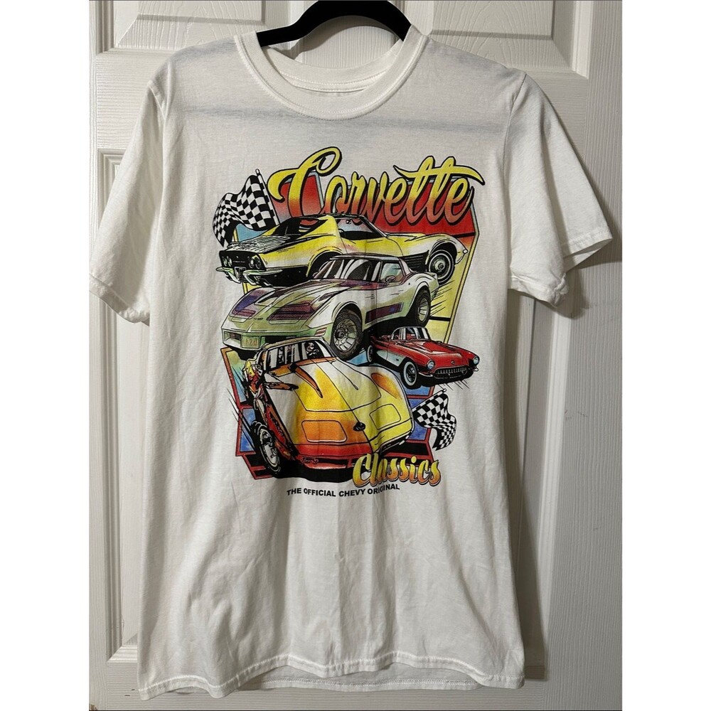 Chemistry White Graphic Tee with Multicolor Corvette Illustration